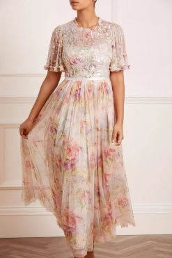 Needle & Thread Holding LTD Iris Sequin Bodice Short Sleeve Round Neck Ankle Gown All - Womenswear