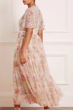 Needle & Thread Holding LTD Iris Sequin Bodice Short Sleeve Round Neck Ankle Gown All - Womenswear