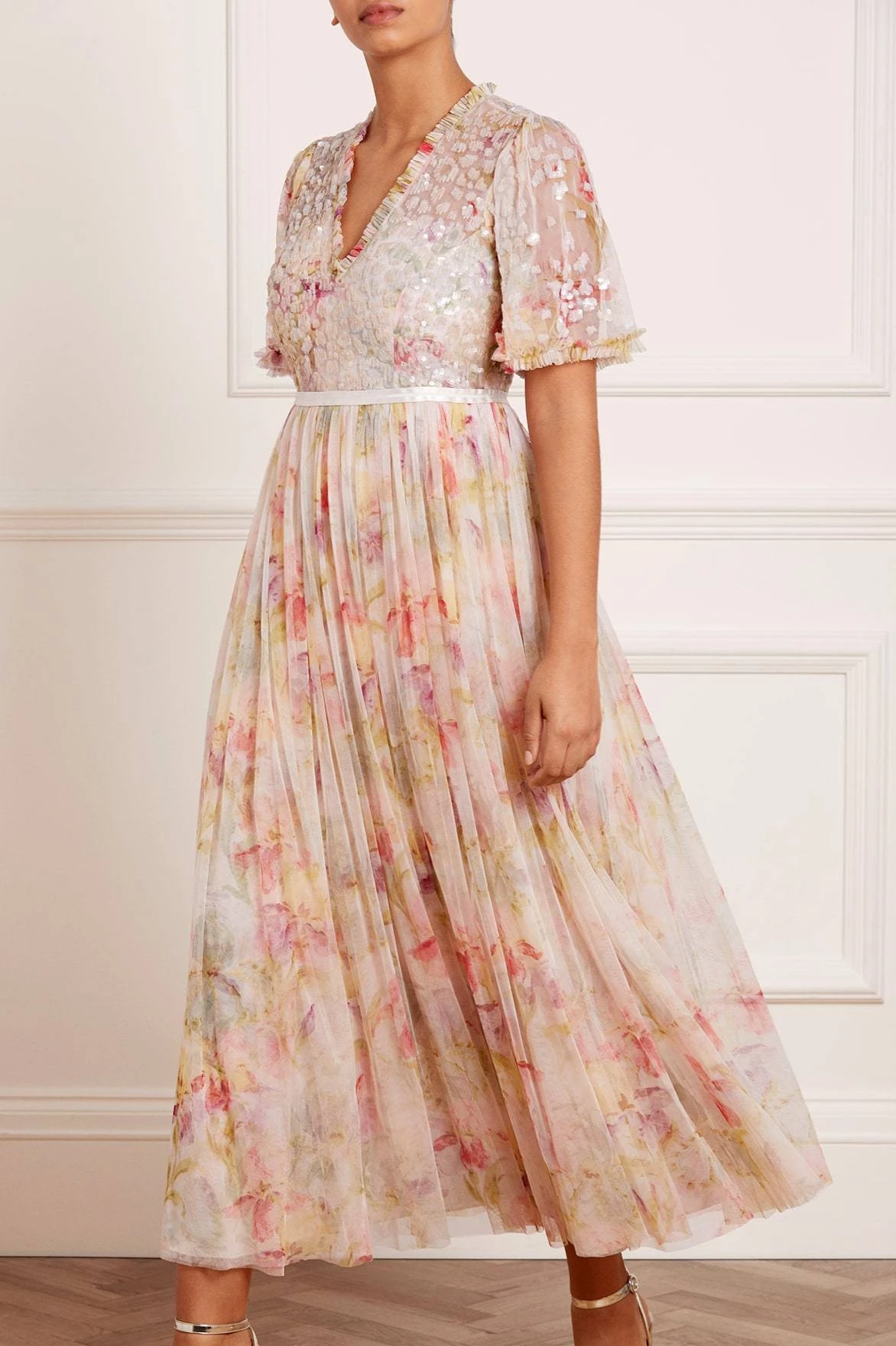 Needle & Thread Holding LTD All - Womenswear Iris Sequin Bodice Short Sleeve V-Neck Ankle Gown 1 Needle & Thread Holding LTD All - Womenswear Iris Sequin Bodice Short Sleeve V-Neck Ankle Gown