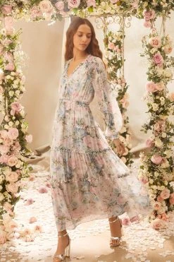 Needle & Thread Holding LTD Rose Fairytale Chiffon V-Neck Day Ankle Gown