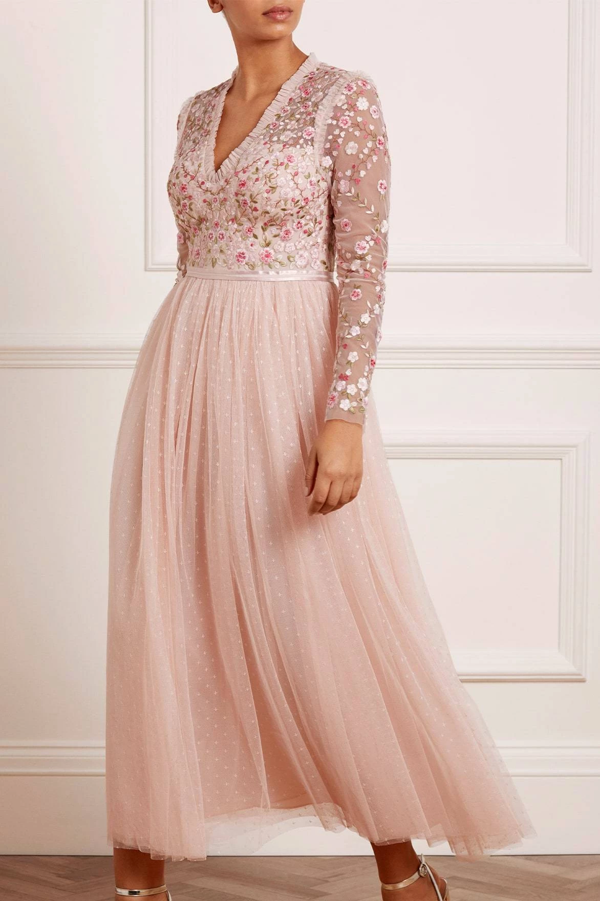 Needle & Thread Holding LTD Rosie Lace Bodice Long Sleeve V-Neck Ankle Gown 3 Needle & Thread Holding LTD Rosie Lace Bodice Long Sleeve V-Neck Ankle Gown