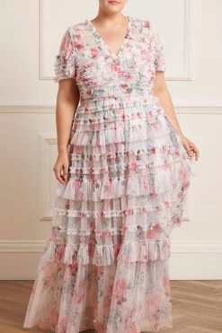 Needle & Thread Holding LTD Sweet Posy V-Neck Ruffle Gown