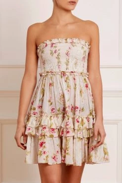 Needle & Thread Holding LTD Waltzing Blooms Cotton Smocked Bandeau Micro Mini Dress